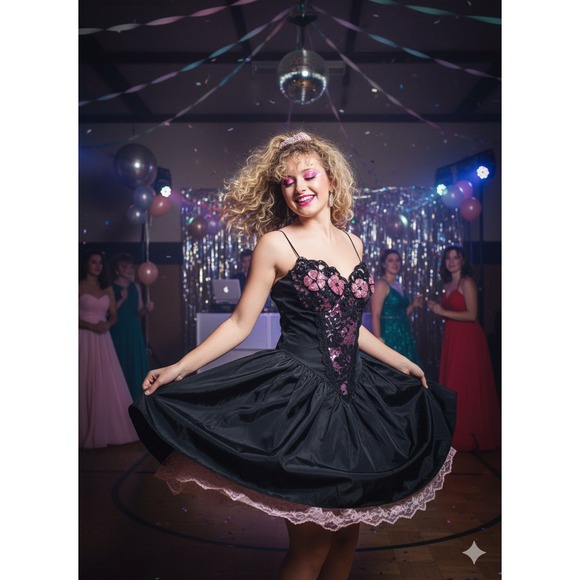 Loralie vintage retro 80 black satin Pink Floral Lace PromDress Party Occasion
